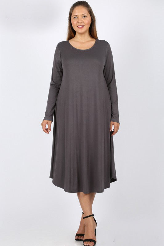 Long Sleeve Round Neck Dress with side pockets- Ash Grey