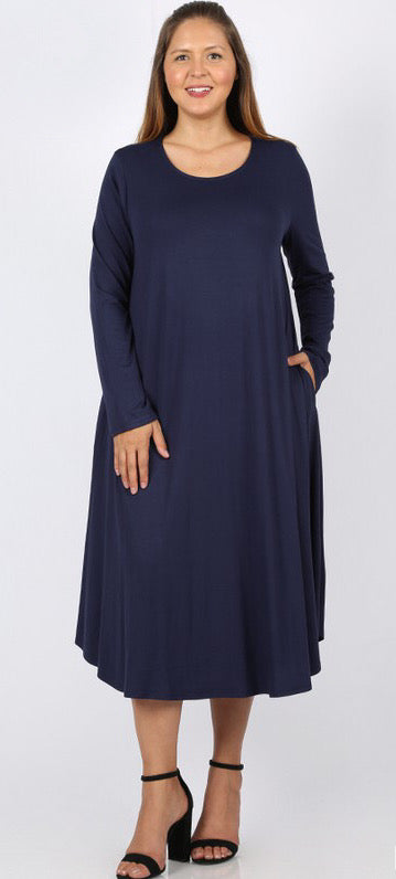 Long Sleeve Round Neck Dress with side pockets- Navy