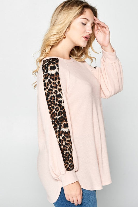 Cozy and Soft Leopard Print Sleeves Raglan Tunic- Blush