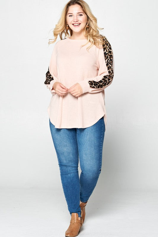 Cozy and Soft Leopard Print Sleeves Raglan Tunic- Blush