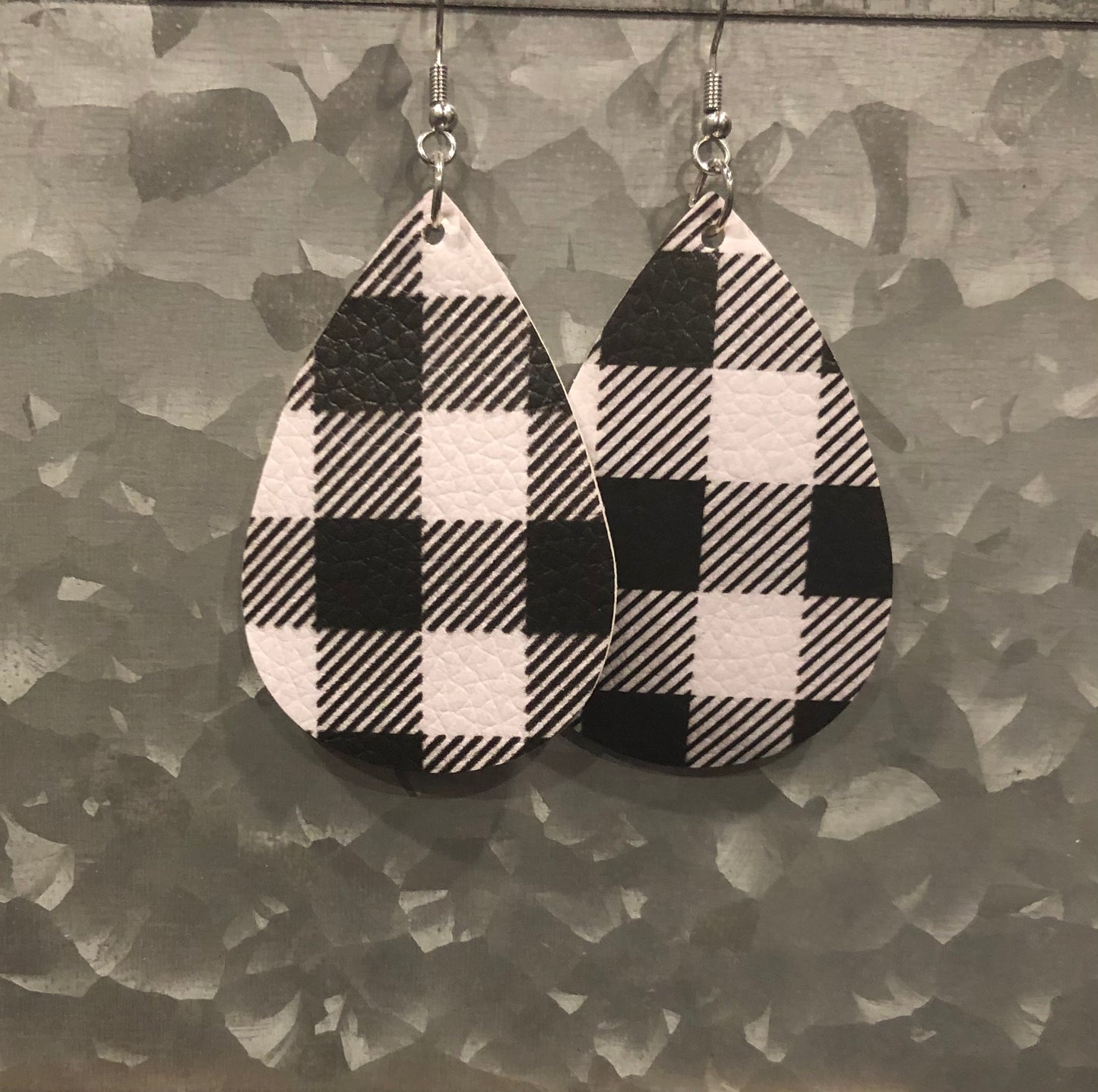 Faux Leather Buffalo Plaid Earrings- White and Black