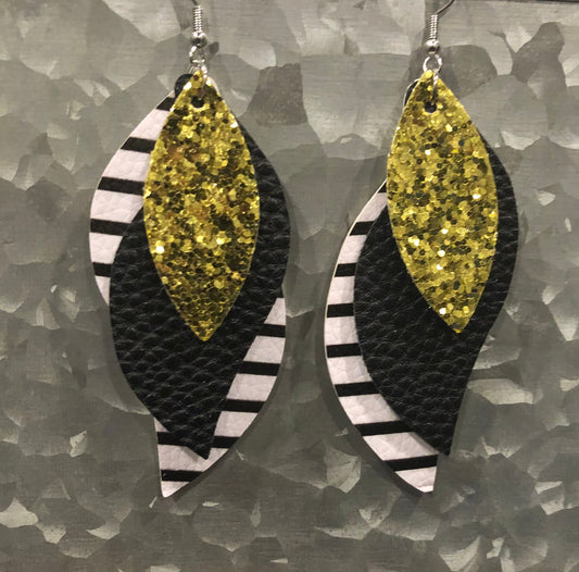 Three Layer Faux Leather Tear Drop Stripes Earring w Gold