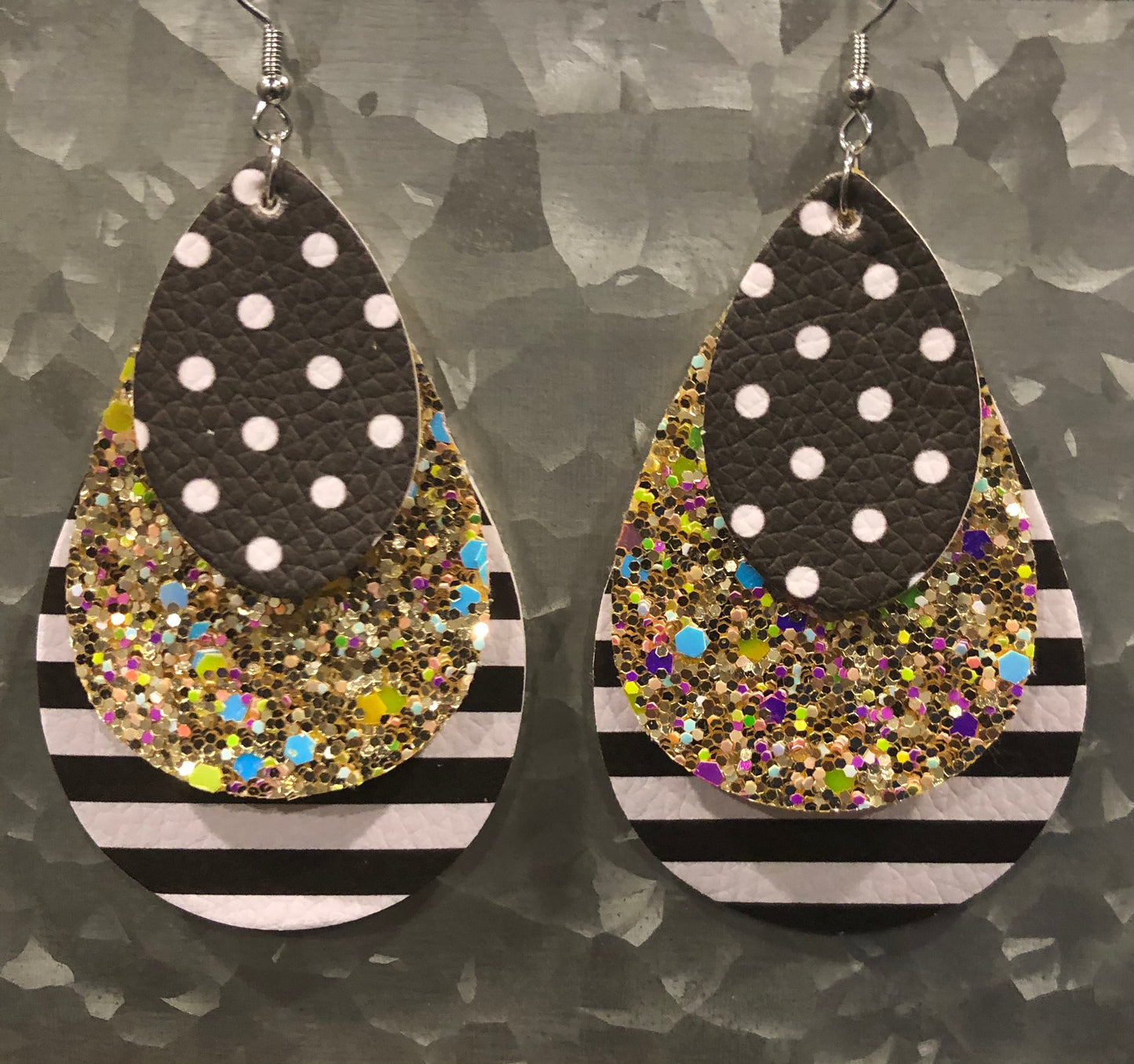 Three layer Faux Leather Tear Drop Stripes Earring with dots