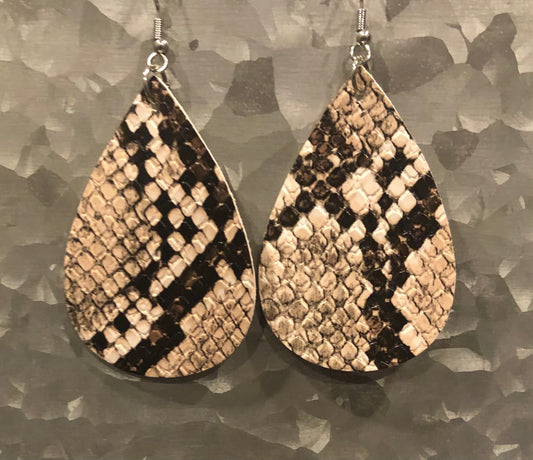 Beige Faux Leather Snake Skin Earrings