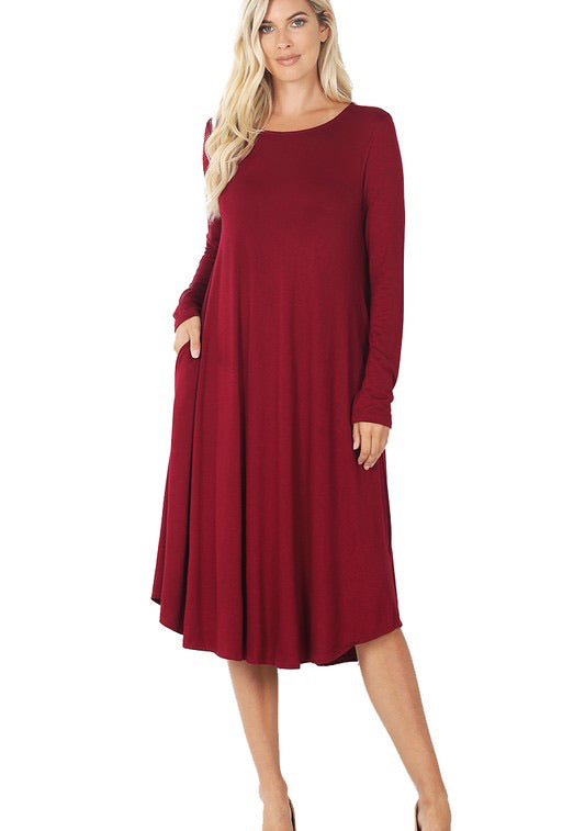 Long Sleeve Rounded Neck Dress with Pockets -Cabernet