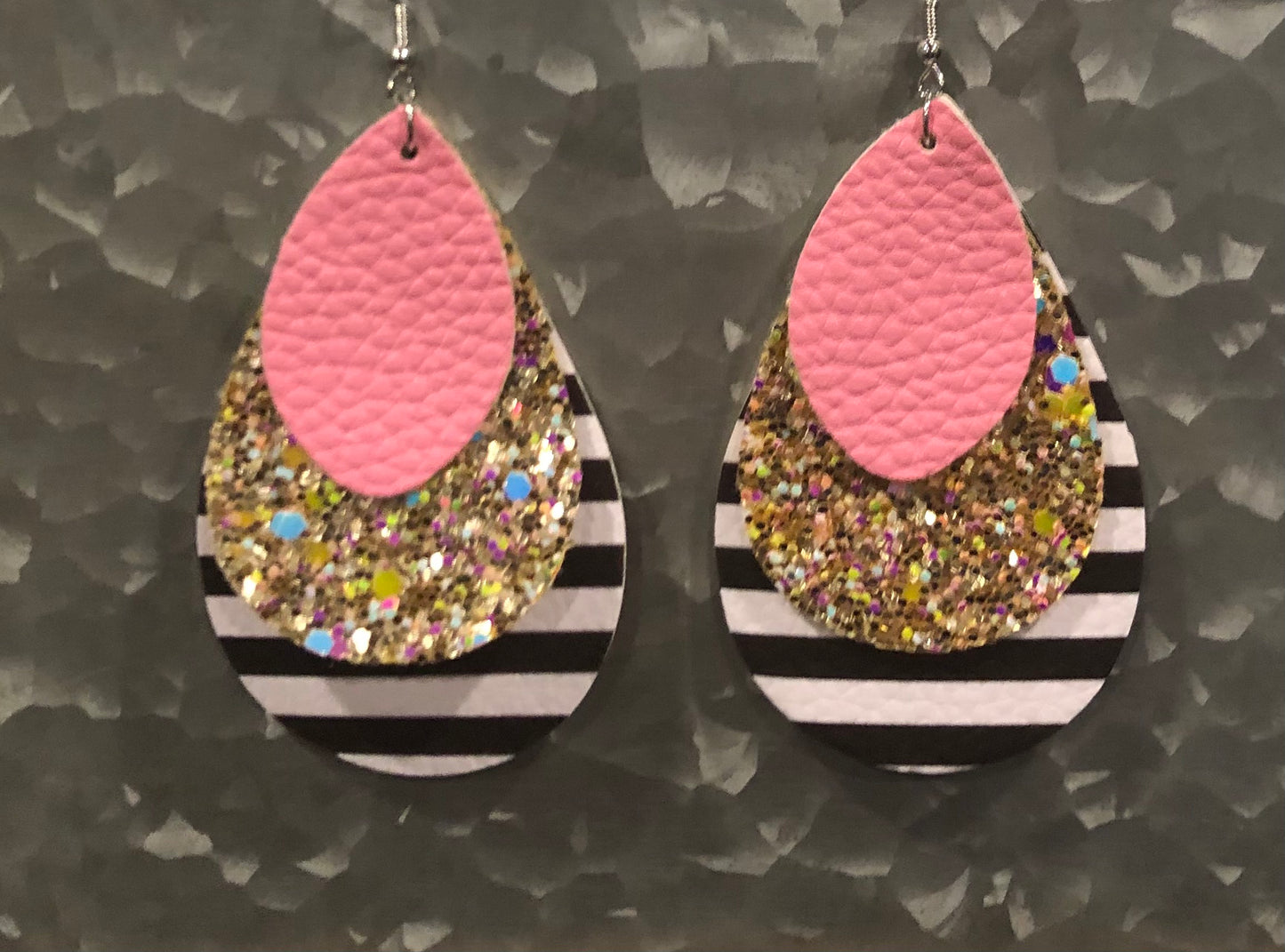 Faux Leather Tear Drop Stripes and Hot Pink Earring