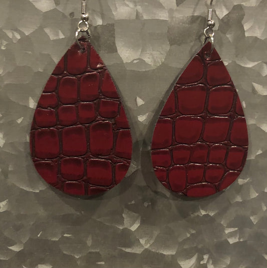 Faux Leather Alligator Earrings- Red