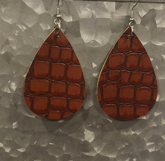 Faux Leather Alligator Earring- Rich Brown