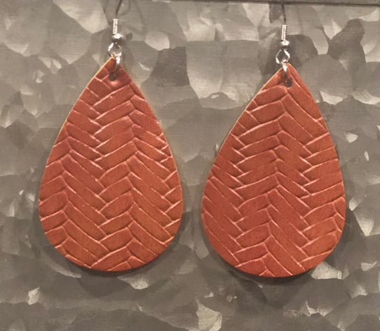 Brown Leather Braded Tear Drop Earrings