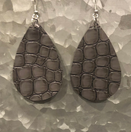 Faux Leather Alligator Earrings- Grey