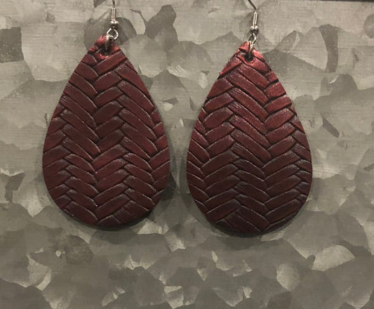 Burnt Red Leather Braded Tear Drop Earrings